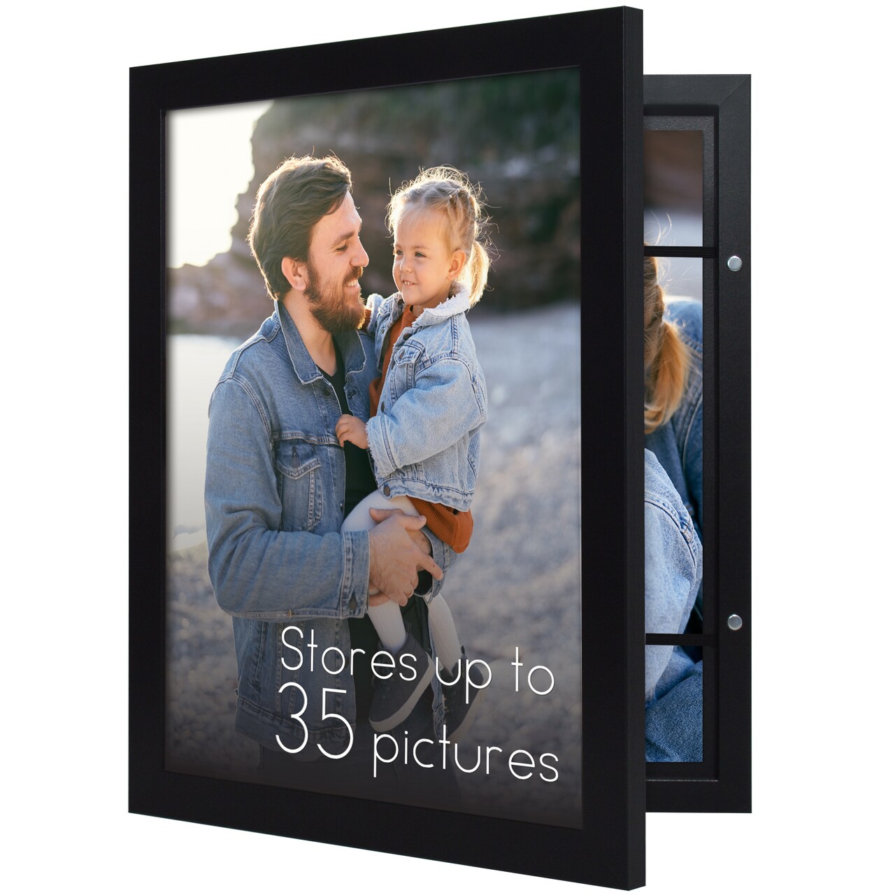 Americanflat Quick-Change Photo Storage Display Frame - Store up to 35 Pictures at Once with Elastic Strap Storage - Shatter Resistant Glass - Hanging Hardware - Includes Easel - Black